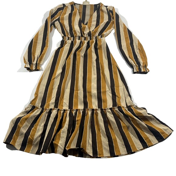 Sezane Titiane 3/4 Sleeve Striped V Neck Midi Dress in Hazel Tan Stripe 34 US 2 - Picture 2 of 13
